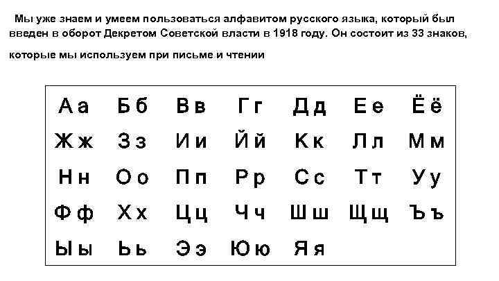 Мы уже знаем и умеем пользоваться алфавитом русского языка, который был введен в оборот