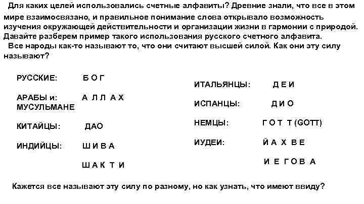 Для каких целей использовались счетные алфавиты? Древние знали, что все в этом мире взаимосвязано,