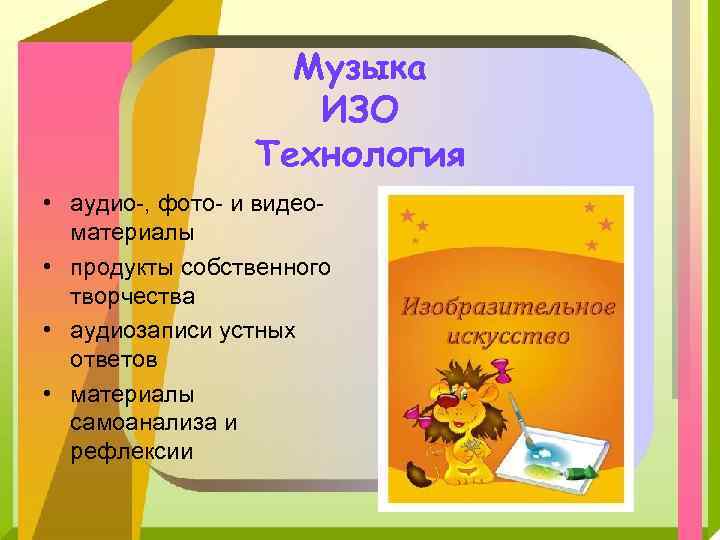 Музыка ИЗО Технология • аудио-, фото- и видеоматериалы • продукты собственного творчества • аудиозаписи
