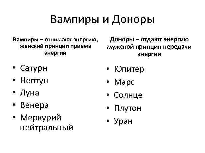 Вампиры и Доноры Вампиры – отнимают энергию, женский принцип приема энергии • • •