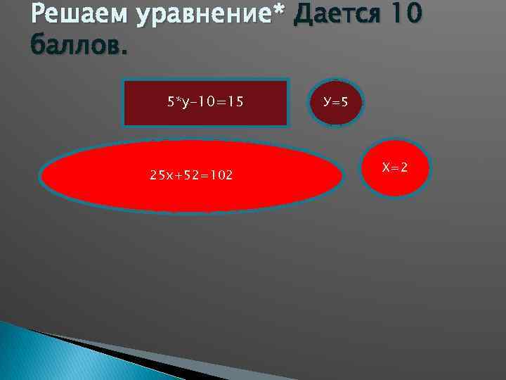 Решаем уравнение* Дается 10 баллов. 5*у-10=15 25 х+52=102 У=5 Х=2 