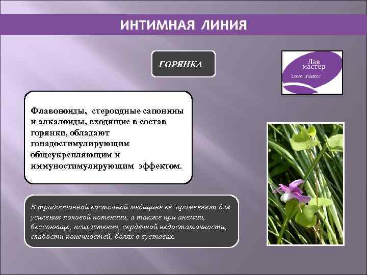 ИНТИМНАЯ ЛИНИЯ ГОРЯНКА Флавоноиды, стероидные сапонины и алкалоиды, входящие в состав горянки, обладают гонадостимулирующим