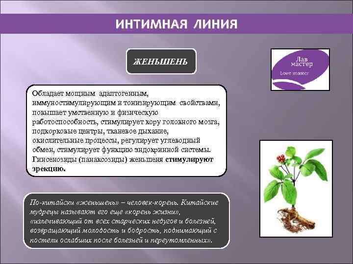 ИНТИМНАЯ ЛИНИЯ ЖЕНЬШЕНЬ Обладает мощным адаптогенным, иммуностимулирующим и тонизирующим свойствами, повышает умственную и физическую