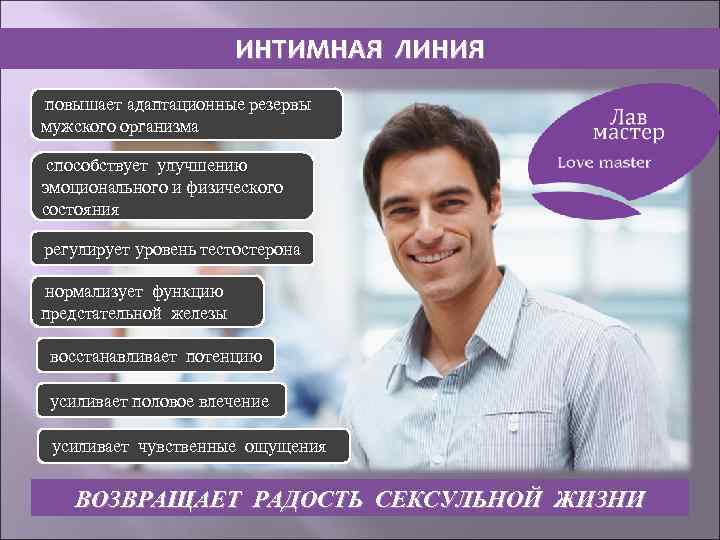 ИНТИМНАЯ ЛИНИЯ повышает адаптационные резервы мужского организма способствует улучшению эмоционального и физического состояния регулирует