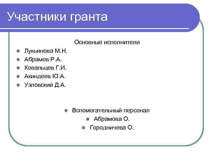 Участники гранта Основные исполнители l l l Лукьянова М. Н. Абрамов Р. А. Ковальцев