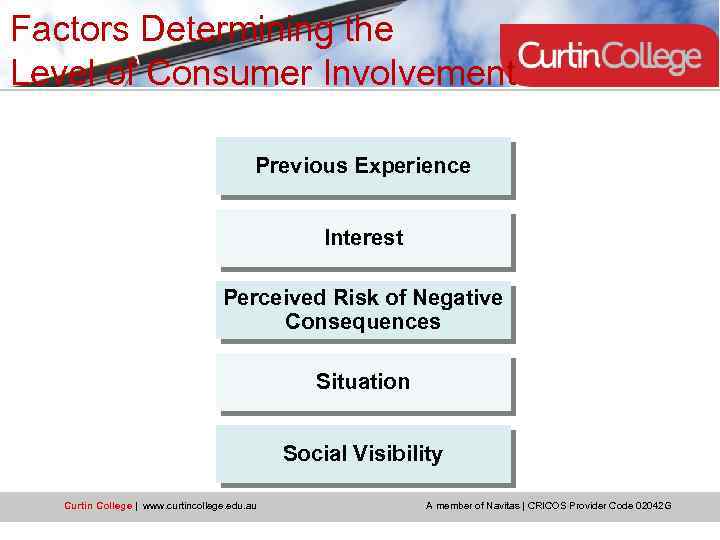 Factors Determining the Level of Consumer Involvement Previous Experience Interest Perceived Risk of Negative