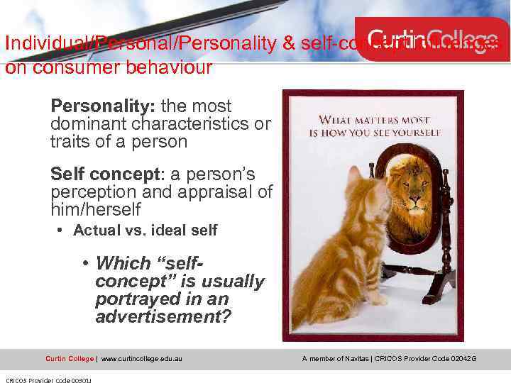 Individual/Personality & self-concept influences on consumer behaviour Personality: the most dominant characteristics or traits