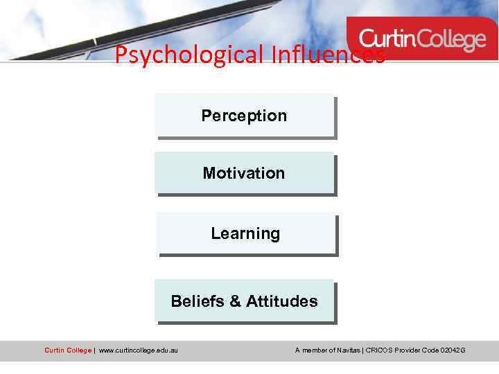 Psychological Influences Perception Motivation Learning Beliefs & Attitudes Curtin College | www. curtincollege. edu.