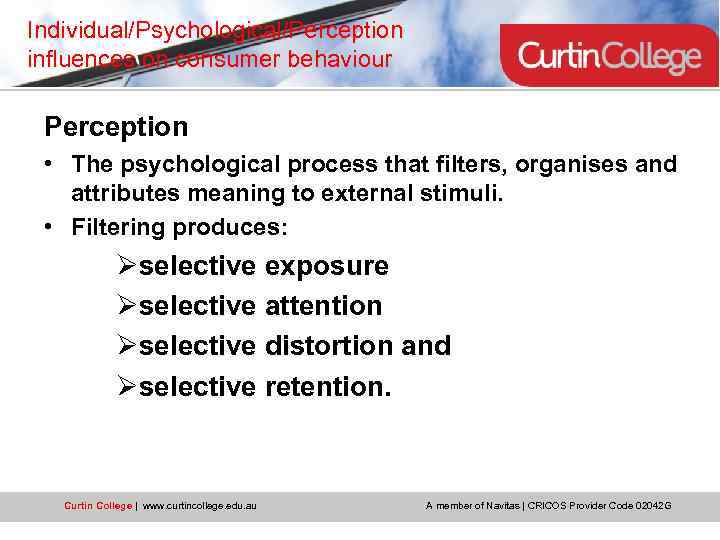 Individual/Psychological/Perception influences on consumer behaviour Perception • The psychological process that filters, organises and