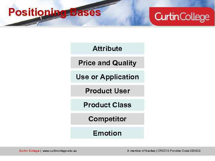 Positioning Bases Attribute Price and Quality Use or Application Product User Product Class Competitor