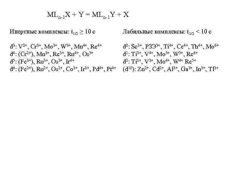 MLn-1 X + Y = MLn-1 Y + X Инертные комплексы: t 1/2 ≥