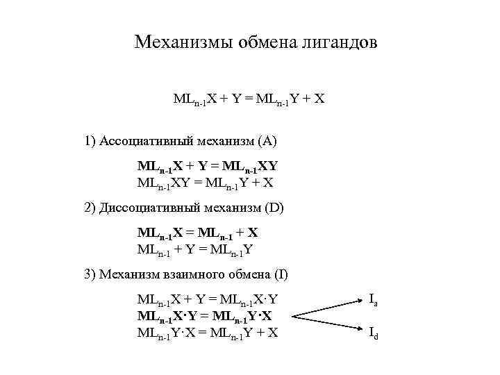 Механизмы обмена лигандов MLn-1 X + Y = MLn-1 Y + X 1) Ассоциативный