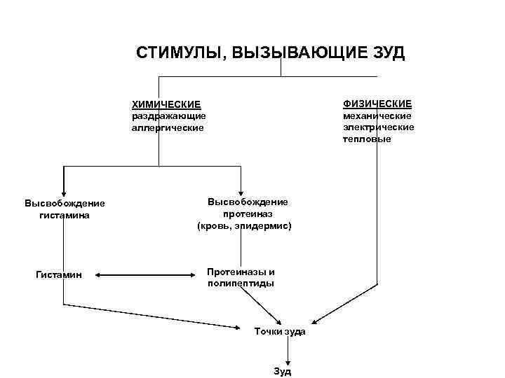 СТИМУЛЫ, ВЫЗЫВАЮЩИЕ ЗУД ФИЗИЧЕСКИЕ механические электрические тепловые ХИМИЧЕСКИЕ раздражающие аллергические Высвобождение гистамина Гистамин Высвобождение