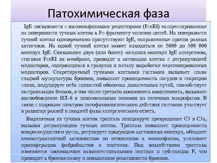 Патохимическая фаза Ig. E связываются с высокоафинными рецепторами (Fce. RI) экспрессированные на поверхности тучных