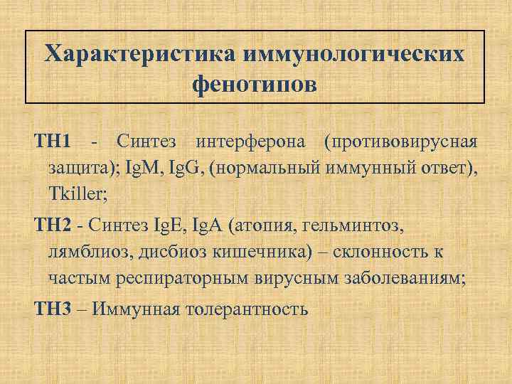 Характеристика иммунологических фенотипов TH 1 - Синтез интерферона (противовирусная защита); Ig. M, Ig. G,