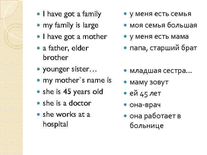 I had very good friend. I have got. My Family has или have. My sister have или has got. My parents have или has.