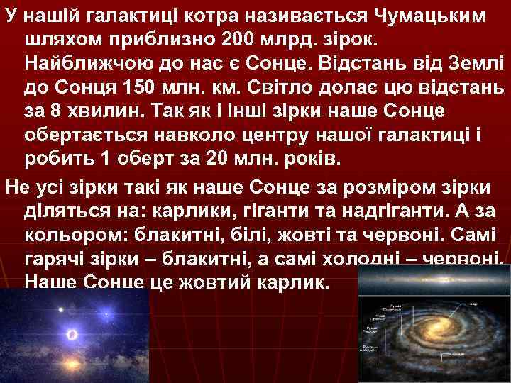У нашій галактиці котра називається Чумацьким шляхом приблизно 200 млрд. зірок. Найближчою до нас