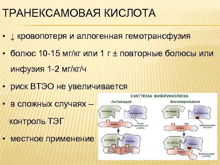 ТРАНЕКСАМОВАЯ КИСЛОТА • ↓ кровопотеря и аллогенная гемотрансфузия • болюс 10 -15 мг/кг или