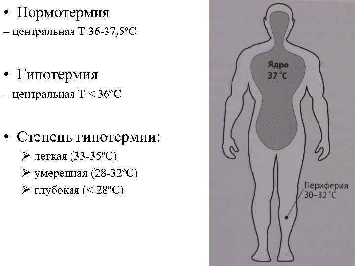  • Нормотермия – центральная Т 36 -37, 5ºС • Гипотермия – центральная Т