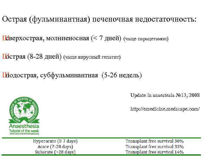 Острая (фульминантная) печеночная недостаточность: Ш сверхострая, молниеносная (< 7 дней) (чаще парацетамол) Ш острая