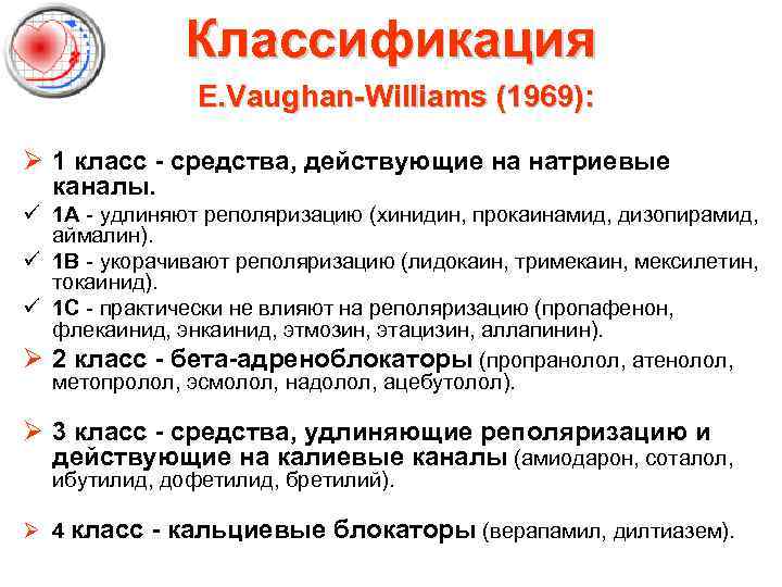 Классификация E. Vaughan Williams (1969): Ø 1 класс средства, действующие на натриевые каналы. ü