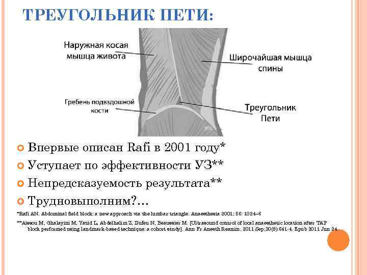 ТРЕУГОЛЬНИК ПЕТИ: Впервые описан Rafi в 2001 году* Уступает по эффективности УЗ** Непредсказуемость результата**