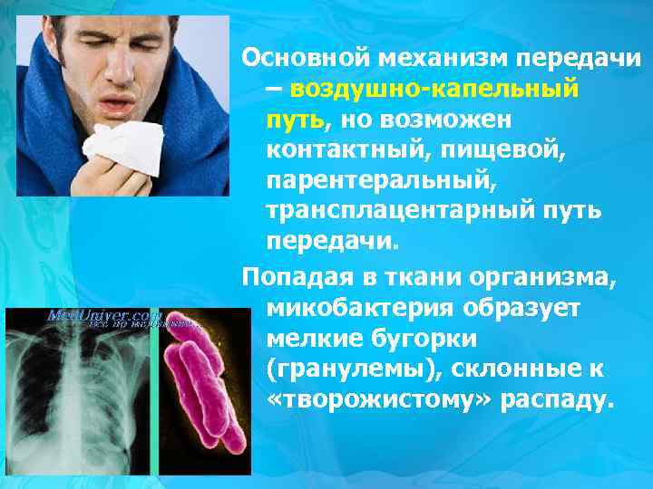 Основной механизм передачи – воздушно-капельный путь, но возможен контактный, пищевой, парентеральный, трансплацентарный путь передачи.