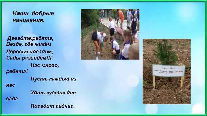 Наши добрые начинания. Давайте, ребята, Везде, где живём Деревья посадим, Сады разведём!!! Нас много,