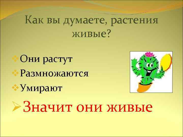 Как вы думаете, растения живые? v. Они растут v. Размножаются v. Умирают ØЗначит они