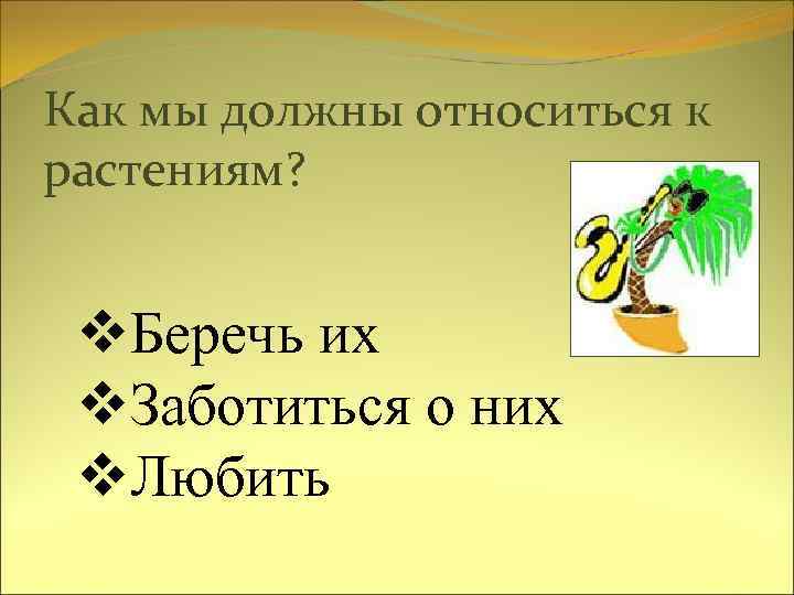 Как мы должны относиться к растениям? v. Беречь их v. Заботиться о них v.