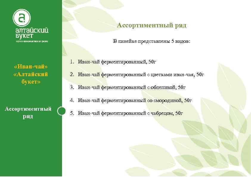 Ассортиментный ряд В линейке представлены 5 видов: «Иван-чай» «Алтайский букет» 1. Иван-чай ферментированный, 50