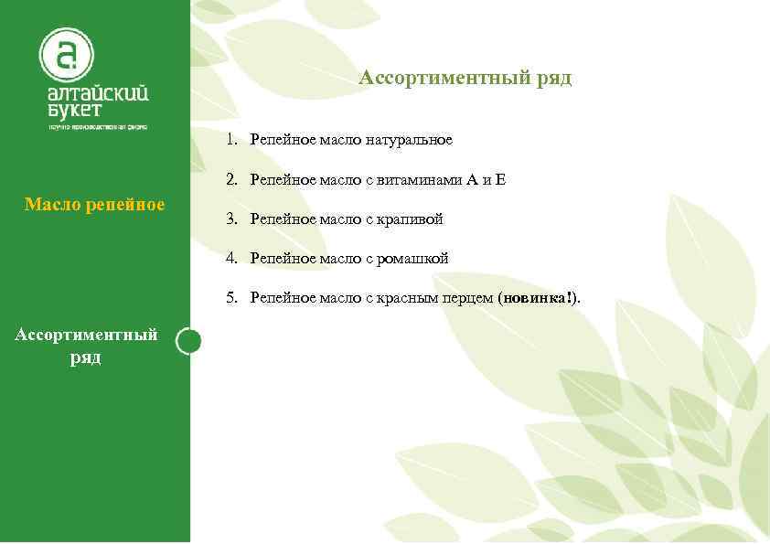 Ассортиментный ряд 1. Репейное масло натуральное 2. Репейное масло с витаминами А и Е