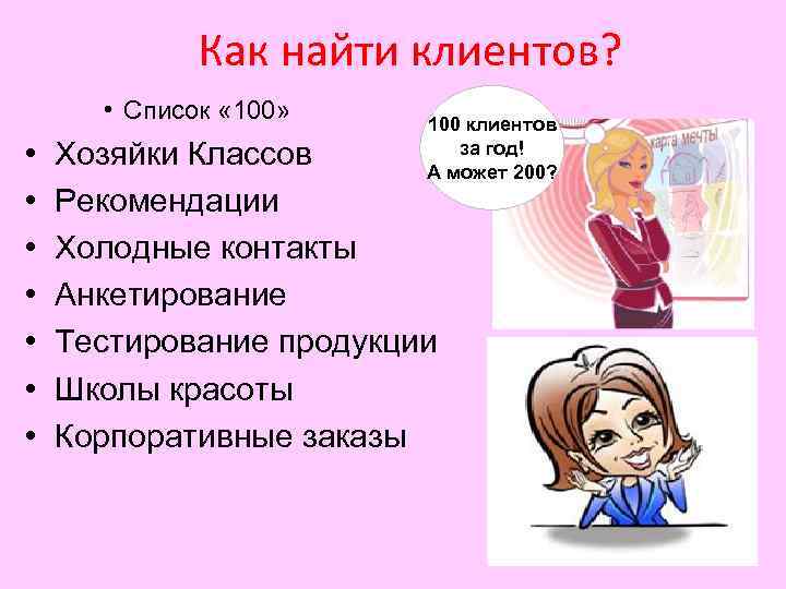 Как найти клиентов? • Список « 100» • • 100 клиентов за год! А