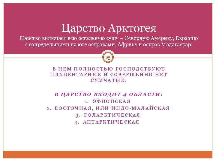 Царство Арктогея Царство включает всю остальную сушу – Северную Америку, Евразию с сопредельными на
