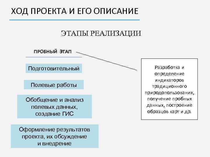 ХОД ПРОЕКТА И ЕГО ОПИСАНИЕ ЭТАПЫ РЕАЛИЗАЦИИ ПРОБНЫЙ ЭТАП Подготовительный Полевые работы Обобщение и
