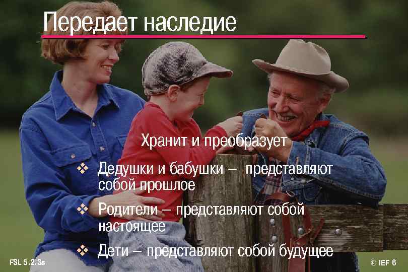Передает наследие Хранит и преобразует v Дедушки и бабушки – представляют FSL 5. 2.