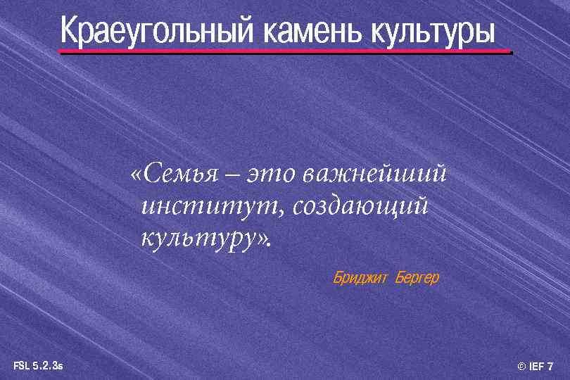Краеугольный камень культуры «Семья – это важнейший институт, создающий культуру» . Бриджит Бергер FSL