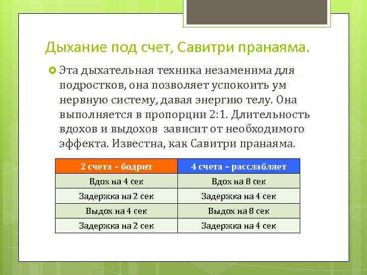 Дыхание под счет, Савитри пранаяма. Эта дыхательная техника незаменима для подростков, она позволяет успокоить