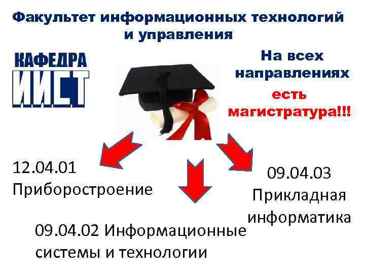 Факультет информационных технологий и управления На всех направлениях есть магистратура!!! 12. 04. 01 Приборостроение