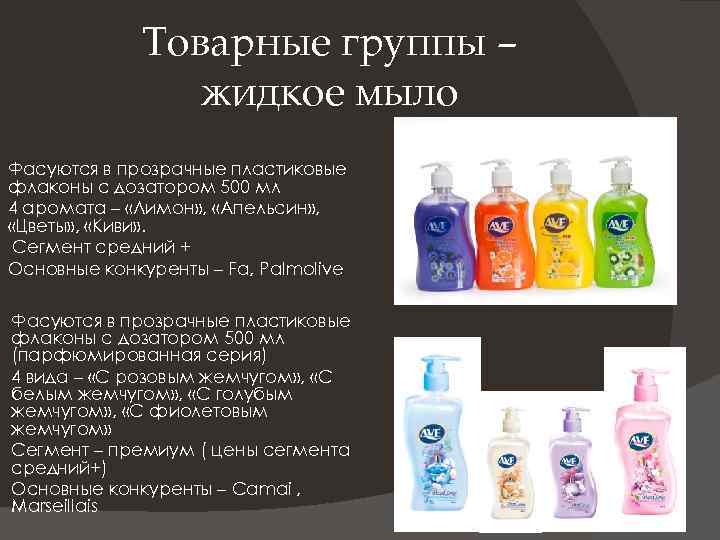 Товарные группы – жидкое мыло Фасуются в прозрачные пластиковые флаконы с дозатором 500 мл