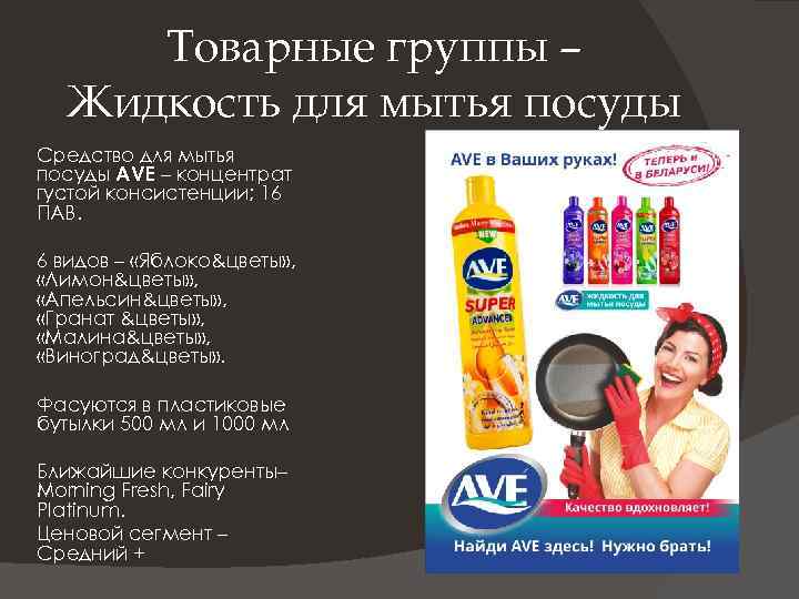 Товарные группы – Жидкость для мытья посуды Средство для мытья посуды AVE – концентрат