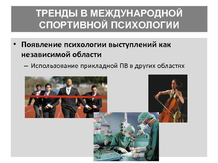 ТРЕНДЫ В МЕЖДУНАРОДНОЙ СПОРТИВНОЙ ПСИХОЛОГИИ • Появление психологии выступлений как независимой области – Использование