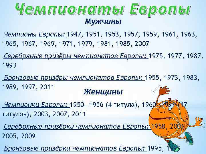 Чемпионаты Европы Мужчины Чемпионы Европы: 1947, 1951, 1953, 1957, 1959, 1961, 1963, 1965, 1967,