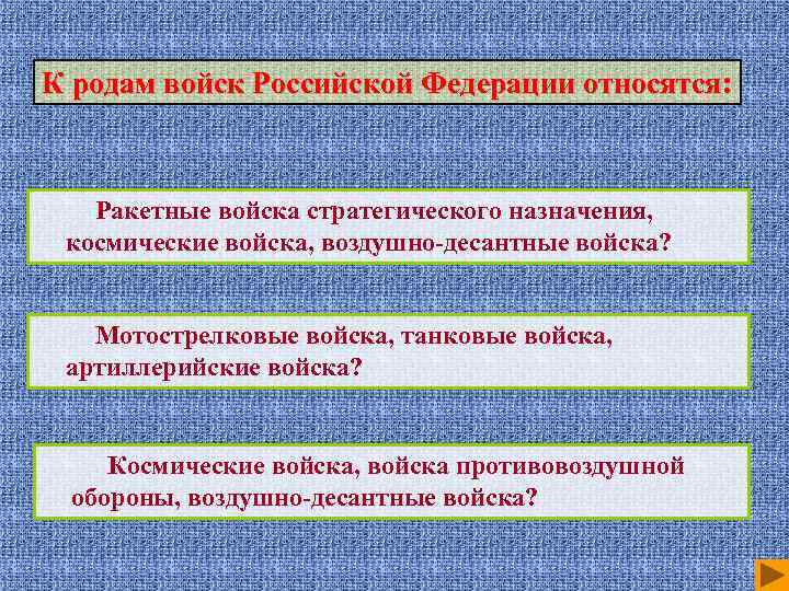 К родам войск Российской Федерации относятся: Ракетные войска стратегического назначения, космические войска, воздушно-десантные войска?