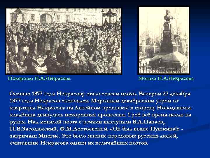 Похороны Н. А. Некрасова Могила Н. А. Некрасова Осенью 1877 года Некрасову стало совсем