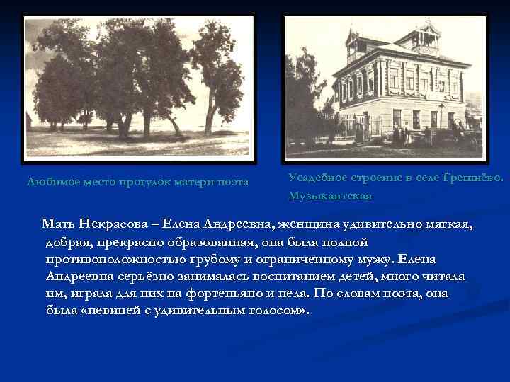 Любимое место прогулок матери поэта Усадебное строение в селе Грешнёво. Музыкантская Мать Некрасова –