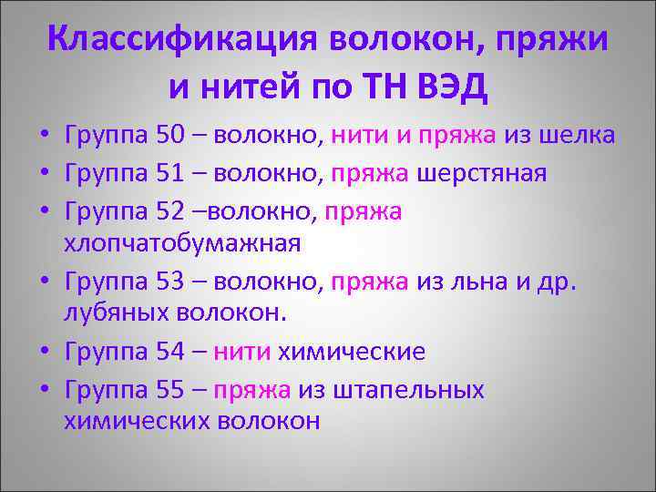 Классификация волокон, пряжи и нитей по ТН ВЭД • Группа 50 – волокно, нити