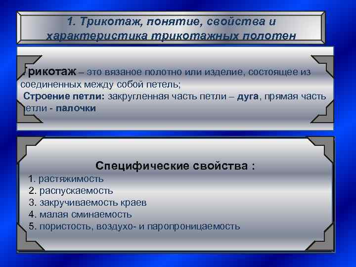 1. Трикотаж, понятие, свойства и характеристика трикотажных полотен Трикотаж – это вязаное полотно или