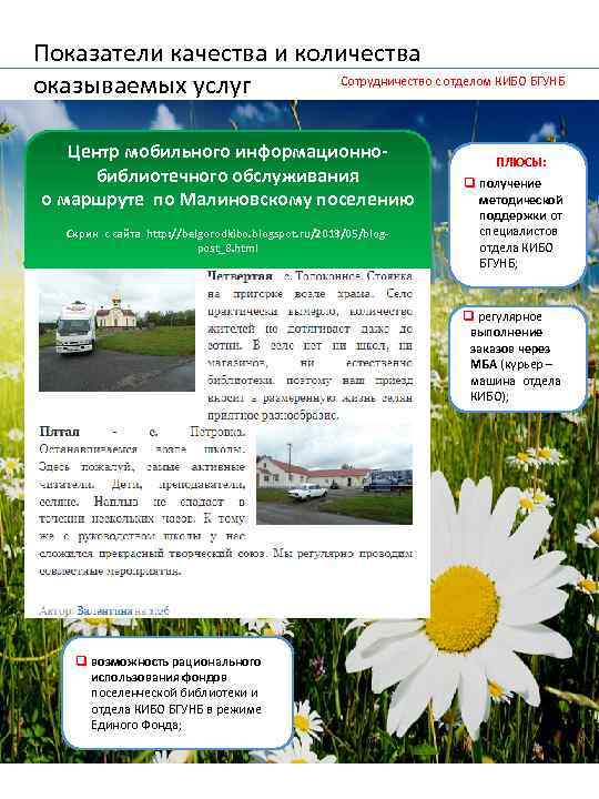 Показатели качества и количества Сотрудничество с отделом КИБО БГУНБ оказываемых услуг Центр мобильного информационнобиблиотечного