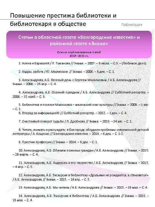 Повышение престижа библиотеки и библиотекаря в обществе Публикации Статьи в областной газете «Белгородские известия»